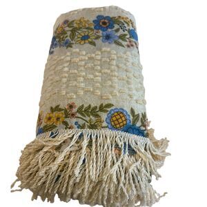 Vintage Yellow Blue Bonnet Floral Print Chenille Bed Spread Fringe 90x108 King